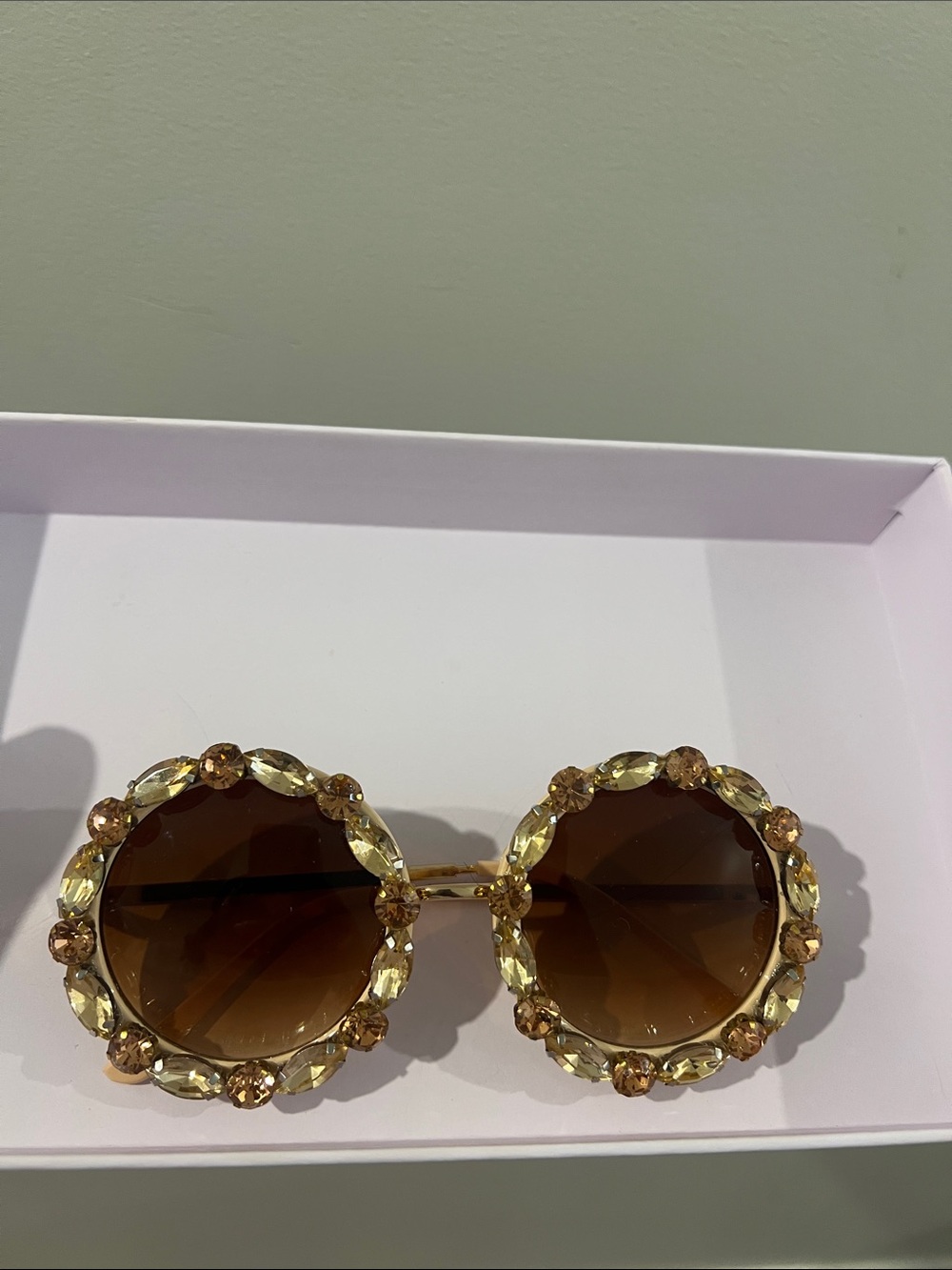 Gold-Tone Round Crystal Sunglasses - Brown Lenses